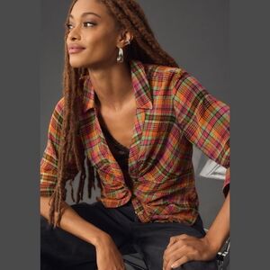 Anthropologie Pilcro Ruched Deep-V Plaid Buttondown